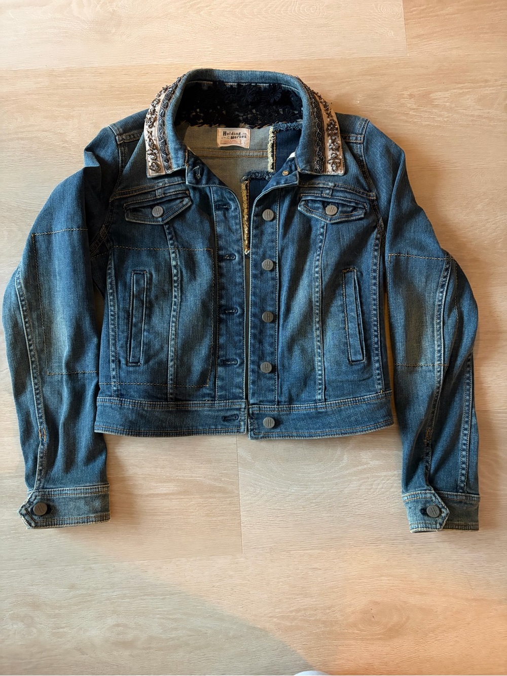 Anthropologie Holding Horses Beaded Denim Jacket S